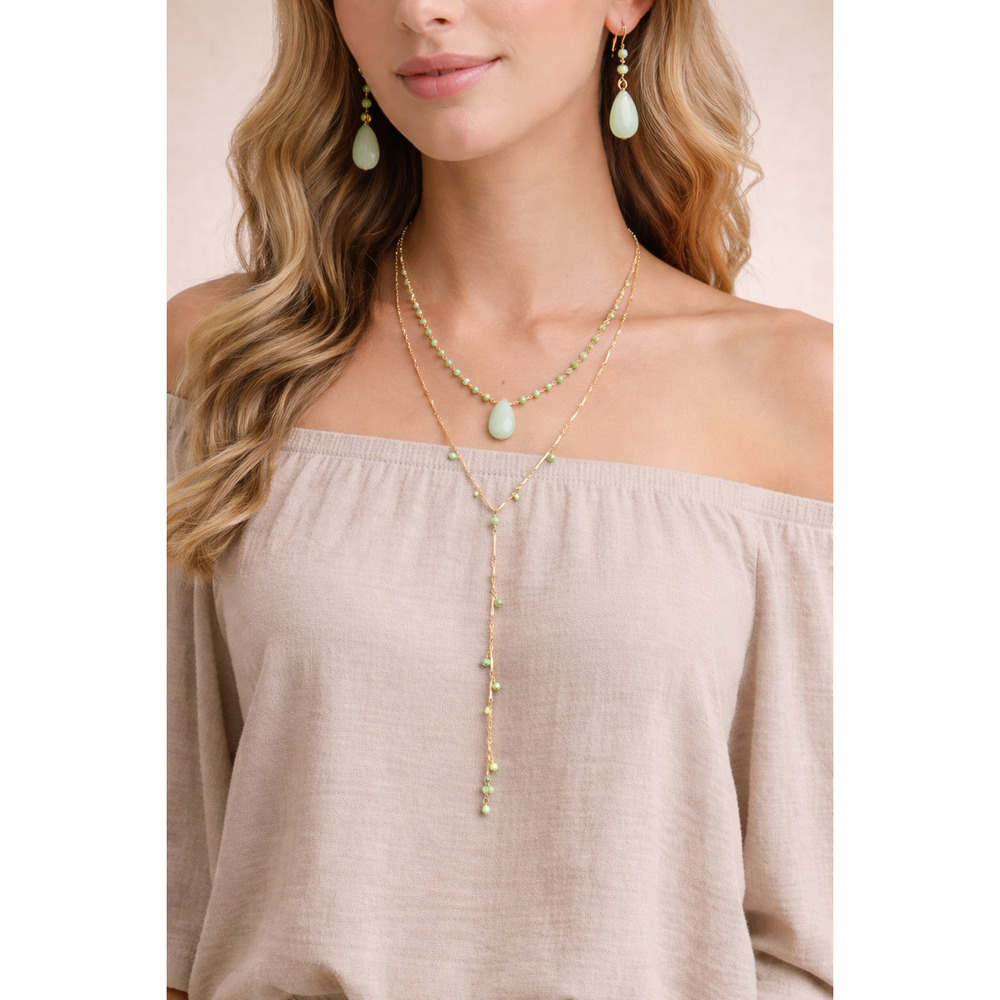 Gold Tone Green Stone Layered Necklace & Earring Set Boho Modern Jewelry